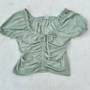 Ruched Shirt Cottage core Peasant Top Ruched V-Neck Bow Sz. 11 Juniors